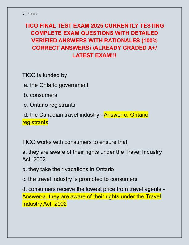 TICO FINAL TEST EXAM 2025 CURRENTLY TESTING COMPLETE EXAM QUESTIONS WITH DETAILED VERIFIED ANSWERS WITH RATIONALES