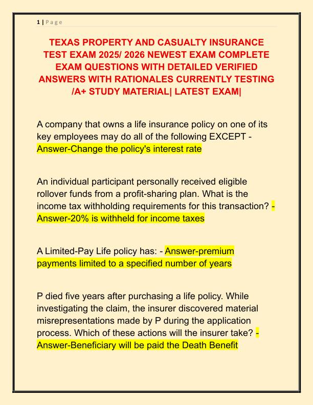 TEXAS PROPERTY AND CASUALTY INSURANCE TEST EXAM 2025