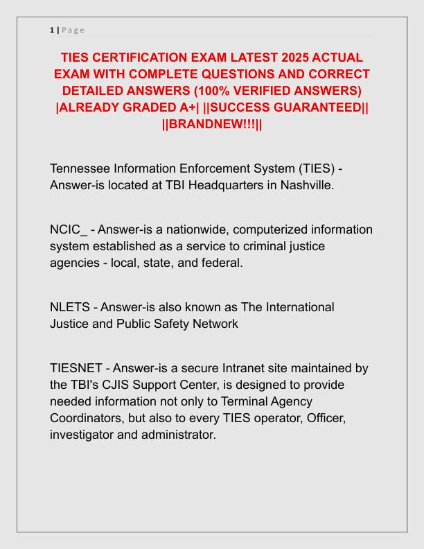 TIES CERTIFICATION EXAM LATEST 2025 ACTUAL EXAM WITH COMPLETE QUESTIONS AND CORRECT DETAILED ANSWERS