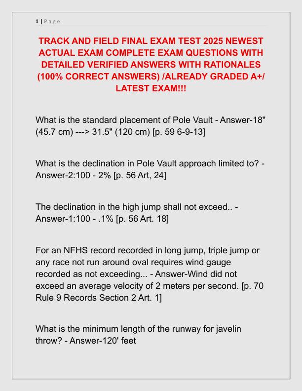TRACK AND FIELD FINAL EXAM TEST 2025 NEWEST ACTUAL EXAM COMPLETE EXAM QUESTIONS WITH DETAILED VERIFIED ANSWERS WITH RATIONALES