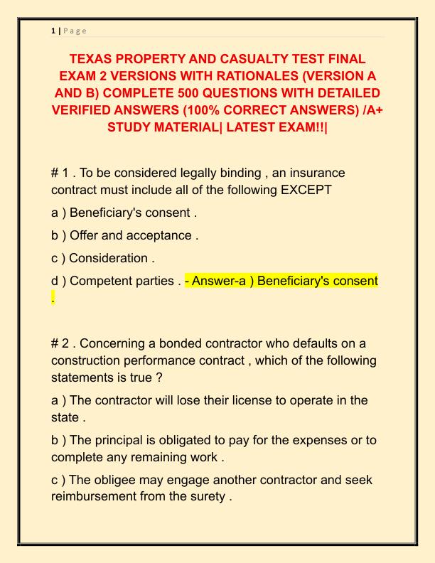 TEXAS PROPERTY AND CASUALTY TEST FINAL EXAM 2 VERSIONS WITH RATIONALES