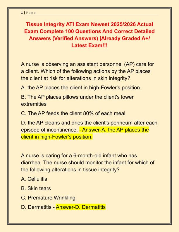 Tissue Integrity ATI Exam Newest 2025