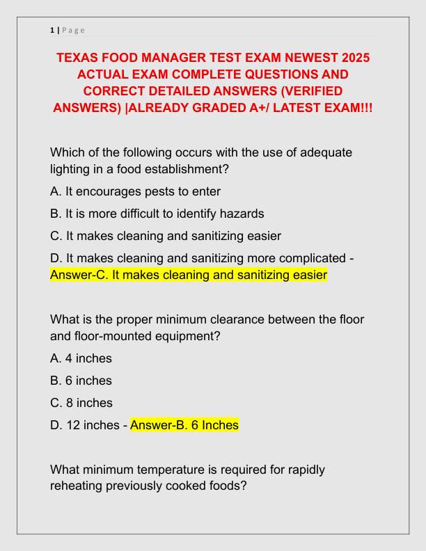 TEXAS FOOD MANAGER TEST EXAM NEWEST 2025 ACTUAL EXAM COMPLETE QUESTIONS AND CORRECT DETAILED ANSWERS