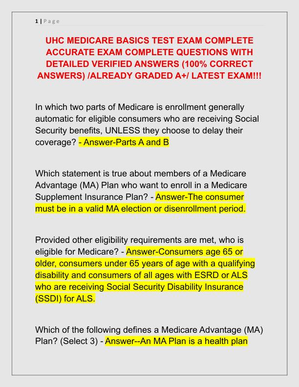 UHC MEDICARE BASICS TEST EXAM COMPLETE ACCURATE EXAM COMPLETE QUESTIONS WITH DETAILED VERIFIED ANSWERS