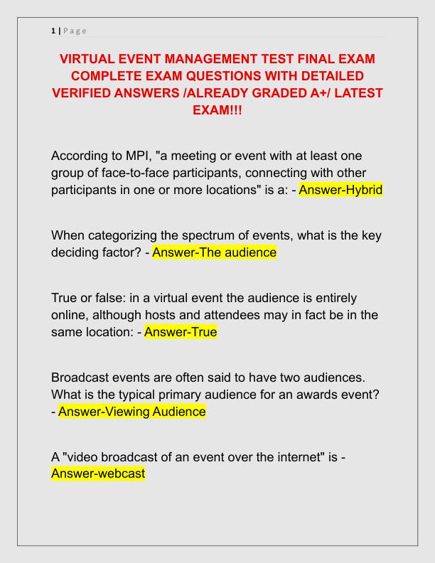 VIRTUAL EVENT MANAGEMENT TEST FINAL EXAM COMPLETE EXAM QUESTIONS WITH DETAILED VERIFIED ANSWERS