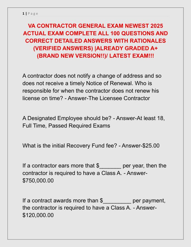 VA CONTRACTOR GENERAL EXAM NEWEST 2025 ACTUAL EXAM COMPLETE ALL 100 QUESTIONS AND CORRECT DETAILED ANSWERS WITH RATIONALES