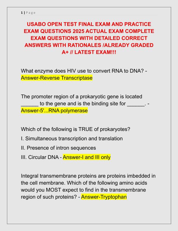 USABO OPEN TEST FINAL EXAM AND PRACTICE EXAM QUESTIONS 2025 ACTUAL EXAM COMPLETE EXAM QUESTIONS WITH DETAILED CORRECT ANSWERS WITH RATIONALES