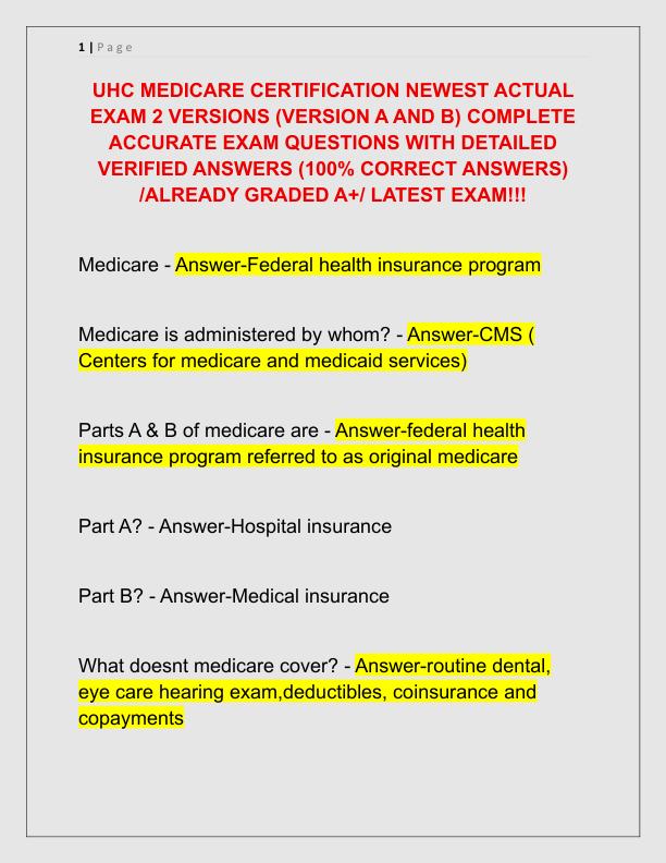 UHC MEDICARE CERTIFICATION NEWEST ACTUAL EXAM 2 VERSIONS