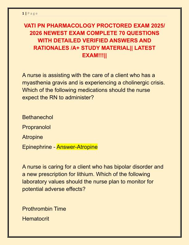 VATI PN PHARMACOLOGY PROCTORED EXAM 2025
