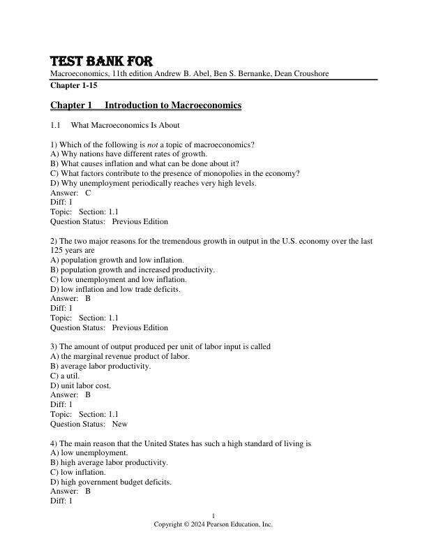 Test Bank For Macroeconomics,11th Edition by Andrew B. Abel, Ben S. Bernanke, Dean Croushore Chapter 1-15