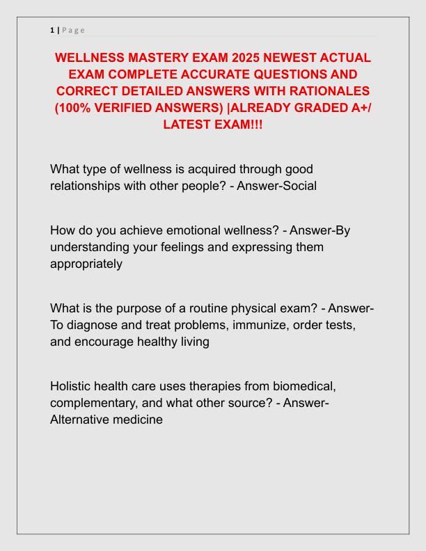 WELLNESS MASTERY EXAM 2025 NEWEST ACTUAL EXAM COMPLETE ACCURATE QUESTIONS AND CORRECT DETAILED ANSWERS WITH RATIONALES