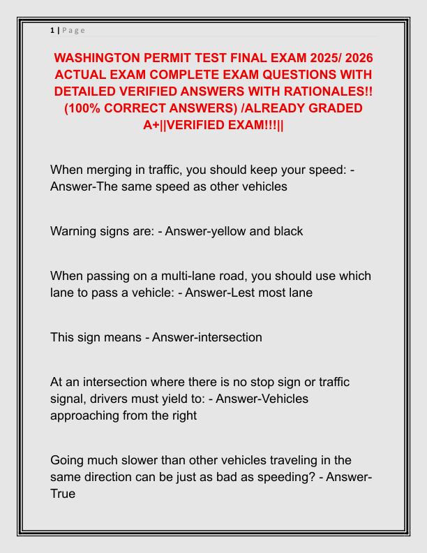 WASHINGTON PERMIT TEST FINAL EXAM 2025