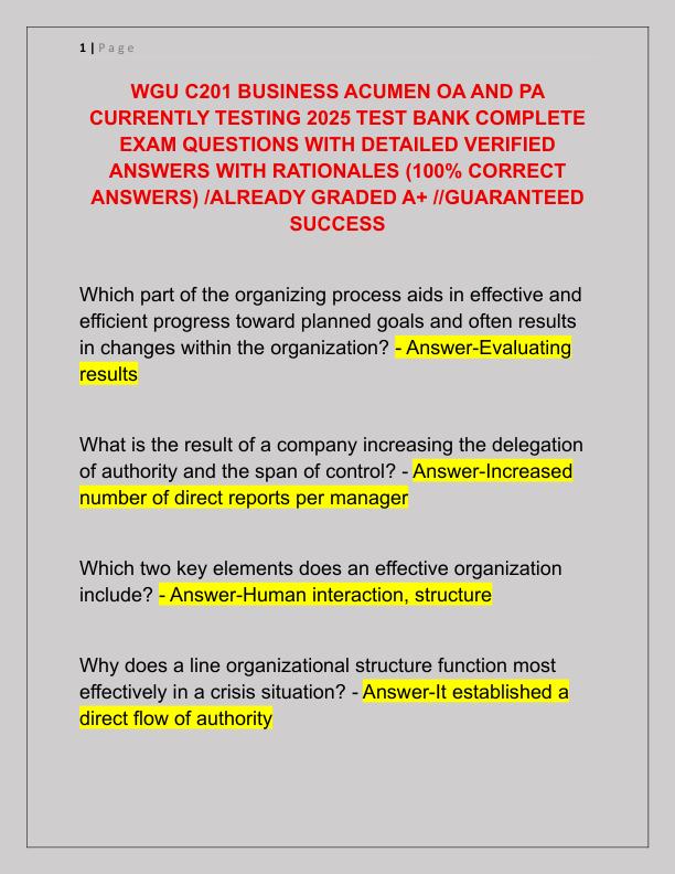 WGU C201 BUSINESS ACUMEN OA AND PA CURRENTLY TESTING 2025 TEST BANK COMPLETE EXAM QUESTIONS WITH DETAILED VERIFIED ANSWERS WITH RATIONALES