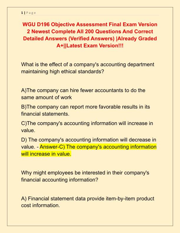 WGU D196 Objective Assessment Final Exam Version 2 Newest Complete All 200 Questions And Correct Detailed Answers