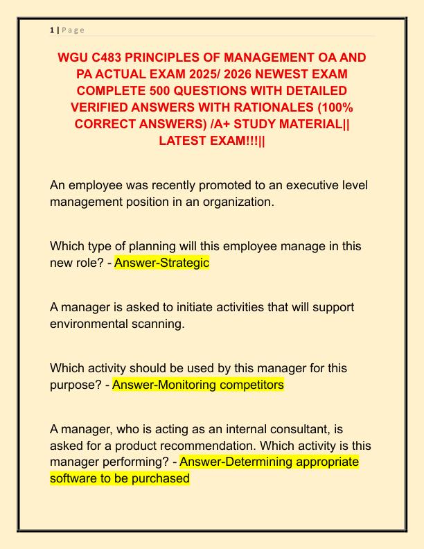 WGU C483 PRINCIPLES OF MANAGEMENT OA AND PA ACTUAL EXAM 2025