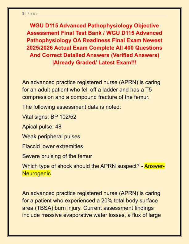 WGU D115 Advanced Pathophysiology Objective Assessment Final Test Bank