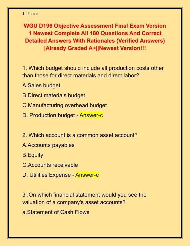 WGU D196 Objective Assessment Final Exam Version 1 Newest Complete All 180 Questions And Correct Detailed Answers With Rationales