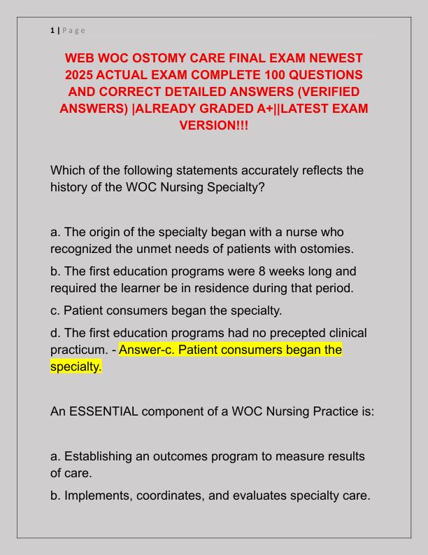 WEB WOC OSTOMY CARE FINAL EXAM NEWEST 2025 ACTUAL EXAM COMPLETE 100 QUESTIONS AND CORRECT DETAILED ANSWERS