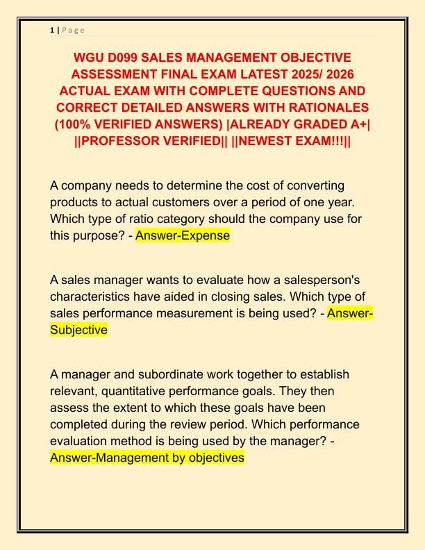WGU D099 SALES MANAGEMENT OBJECTIVE ASSESSMENT FINAL EXAM LATEST 2025
