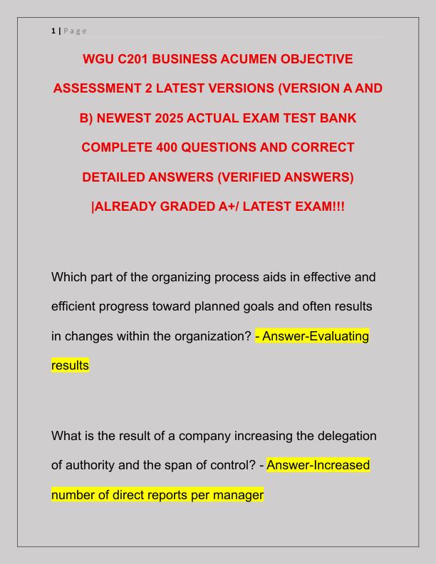 WGU C201 BUSINESS ACUMEN OBJECTIVE ASSESSMENT 2 LATEST VERSIONS