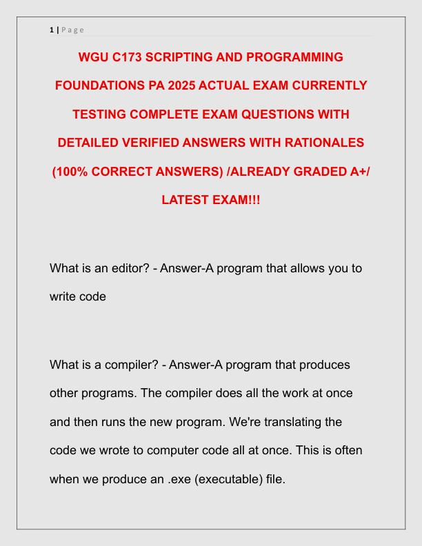 WGU C173 SCRIPTING AND PROGRAMMING FOUNDATIONS PA 2025 ACTUAL EXAM CURRENTLY TESTING COMPLETE EXAM QUESTIONS WITH DETAILED VERIFIED ANSWERS WITH RATIONALES
