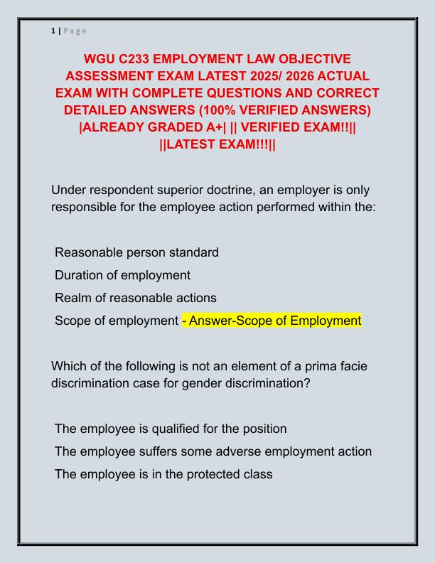 WGU C233 EMPLOYMENT LAW OBJECTIVE ASSESSMENT EXAM LATEST 2025