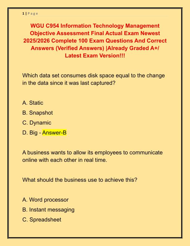WGU C954 Information Technology Management Objective Assessment Final Actual Exam Newest 2025 - Copy