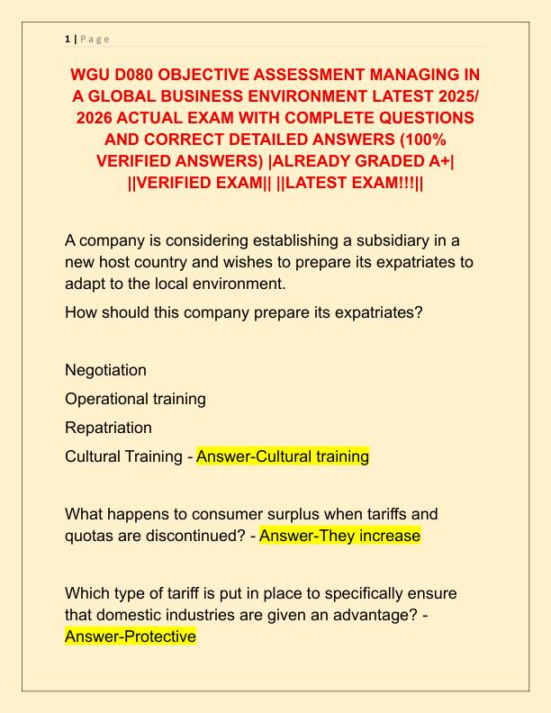 WGU D080 OBJECTIVE ASSESSMENT MANAGING IN A GLOBAL BUSINESS ENVIRONMENT LATEST 2025