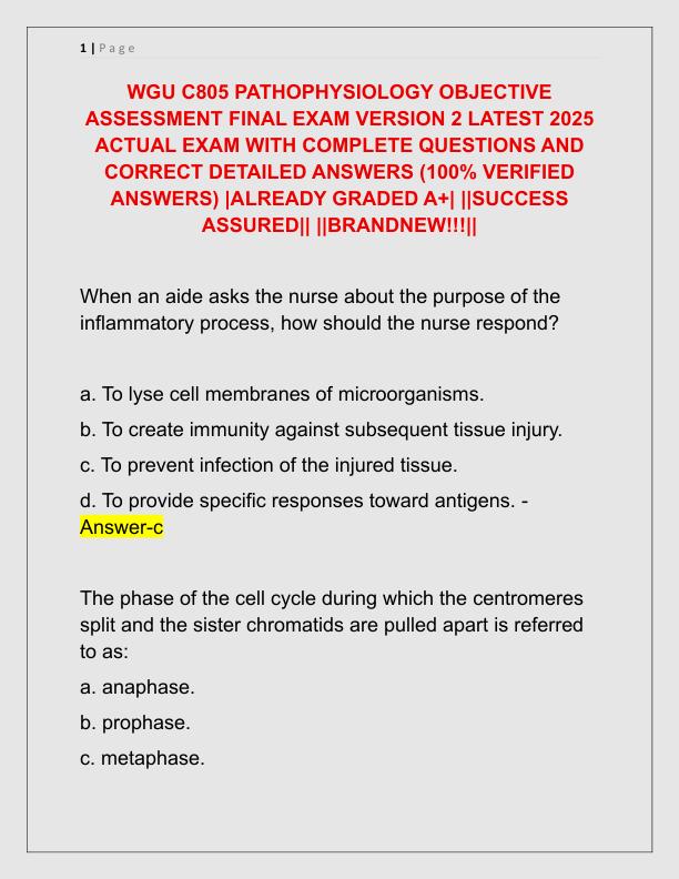 WGU C805 PATHOPHYSIOLOGY OBJECTIVE ASSESSMENT FINAL EXAM VERSION 2 LATEST 2025 ACTUAL EXAM WITH COMPLETE QUESTIONS AND CORRECT DETAILED ANSWERS