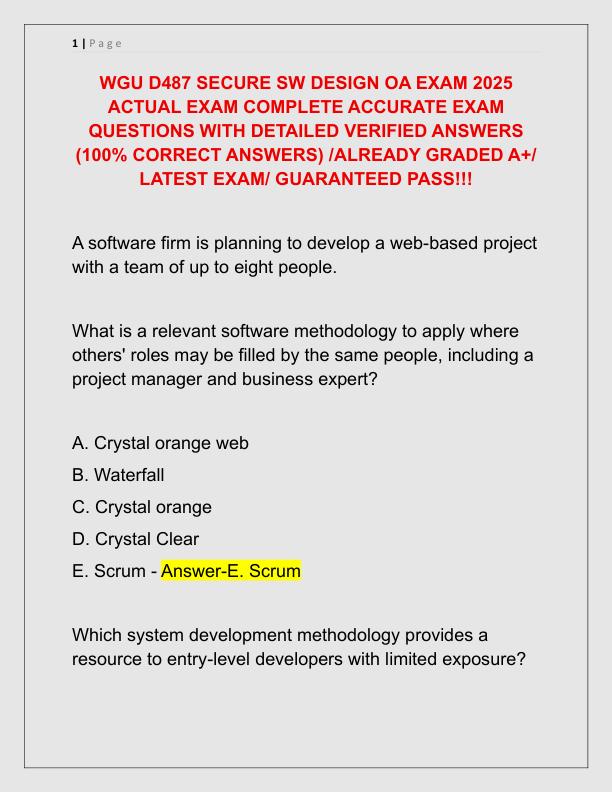 WGU D487 SECURE SW DESIGN OA EXAM 2025 ACTUAL EXAM COMPLETE ACCURATE EXAM QUESTIONS WITH DETAILED VERIFIED ANSWERS