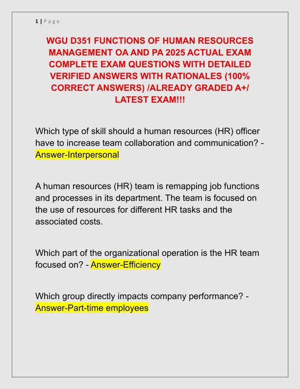 WGU D351 FUNCTIONS OF HUMAN RESOURCES MANAGEMENT OA AND PA 2025 ACTUAL EXAM COMPLETE EXAM QUESTIONS WITH DETAILED VERIFIED ANSWERS WITH RATIONALES
