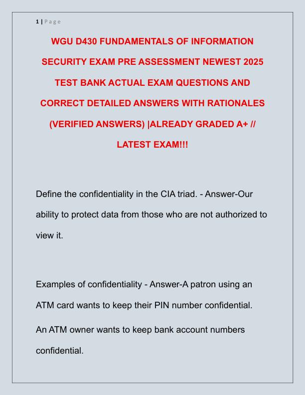 WGU D430 FUNDAMENTALS OF INFORMATION SECURITY EXAM PRE ASSESSMENT NEWEST 2025 TEST BANK ACTUAL EXAM QUESTIONS AND CORRECT DETAILED ANSWERS WITH RATIONALES