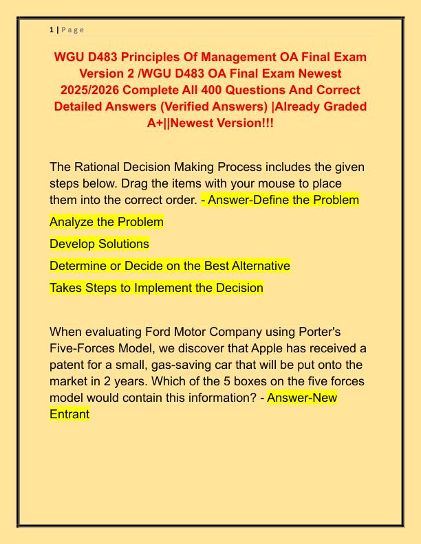 WGU D483 Principles Of Management OA Final Exam Version 2