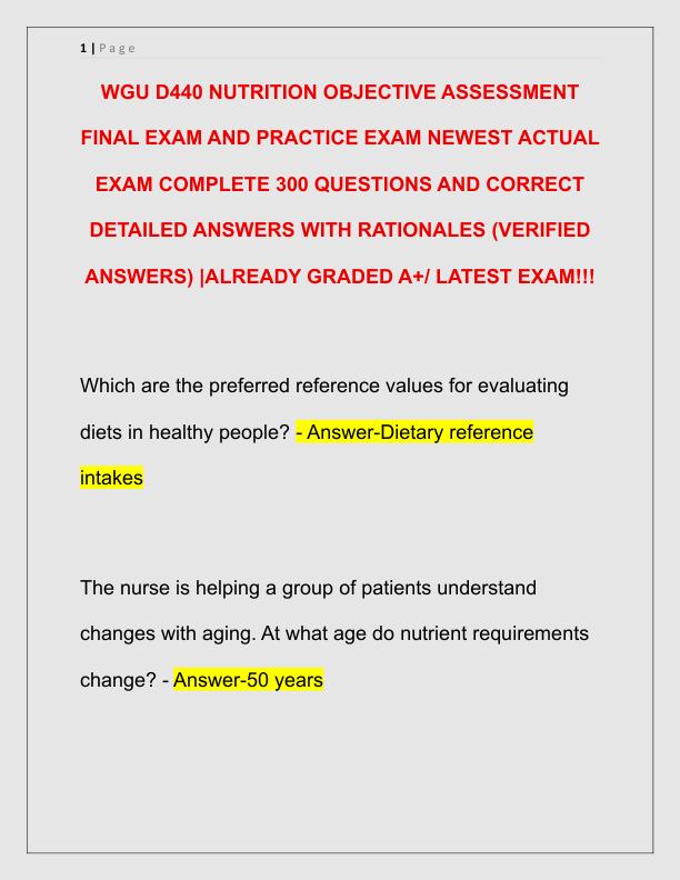 WGU D440 NUTRITION OBJECTIVE ASSESSMENT FINAL EXAM AND PRACTICE EXAM NEWEST ACTUAL EXAM COMPLETE 300 QUESTIONS AND CORRECT DETAILED ANSWERS WITH RATIONALES