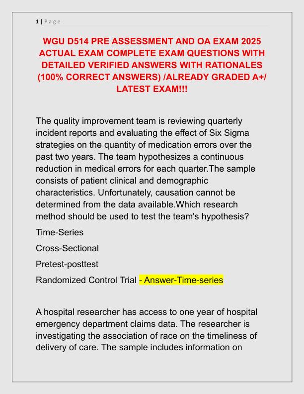 WGU D514 PRE ASSESSMENT AND OA EXAM 2025 ACTUAL EXAM COMPLETE EXAM QUESTIONS WITH DETAILED VERIFIED ANSWERS WITH RATIONALES