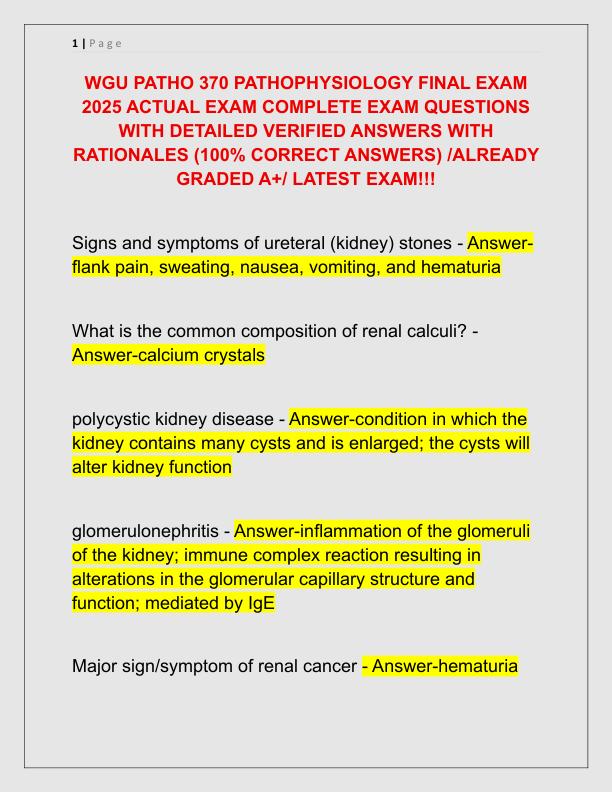 WGU PATHO 370 PATHOPHYSIOLOGY FINAL EXAM 2025 ACTUAL EXAM COMPLETE EXAM QUESTIONS WITH DETAILED VERIFIED ANSWERS WITH RATIONALES