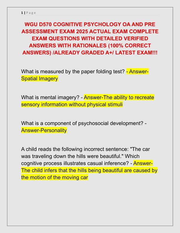 WGU D570 COGNITIVE PSYCHOLOGY OA AND PRE ASSESSMENT EXAM 2025 ACTUAL EXAM COMPLETE EXAM QUESTIONS WITH DETAILED VERIFIED ANSWERS WITH RATIONALES