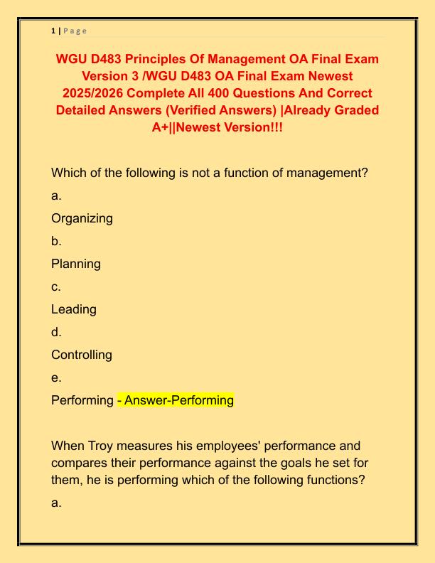 WGU D483 Principles Of Management OA Final Exam Version 3