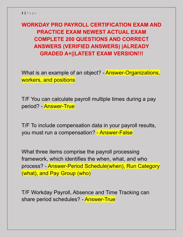 WORKDAY PRO PAYROLL CERTIFICATION EXAM AND PRACTICE EXAM NEWEST ACTUAL EXAM COMPLETE 200 QUESTIONS AND CORRECT ANSWERS