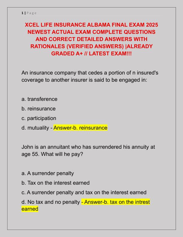 XCEL LIFE INSURANCE ALBAMA FINAL EXAM 2025 NEWEST ACTUAL EXAM COMPLETE QUESTIONS AND CORRECT DETAILED ANSWERS WITH RATIONALES