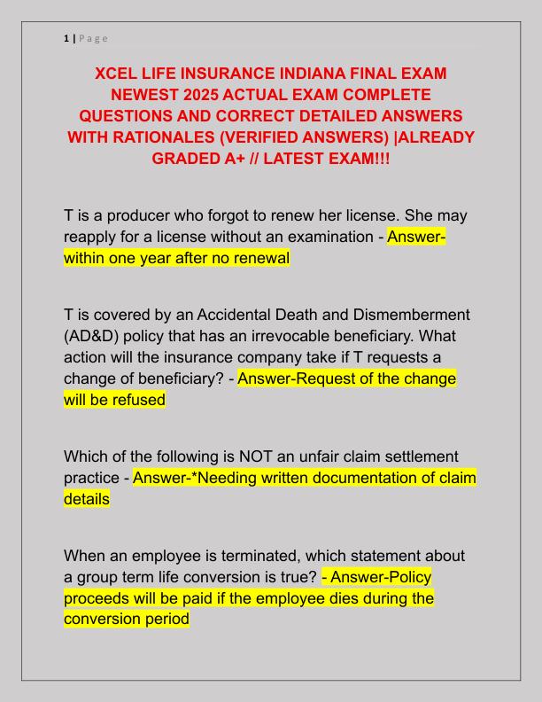 XCEL LIFE INSURANCE INDIANA FINAL EXAM NEWEST 2025 ACTUAL EXAM COMPLETE QUESTIONS AND CORRECT DETAILED ANSWERS WITH RATIONALES
