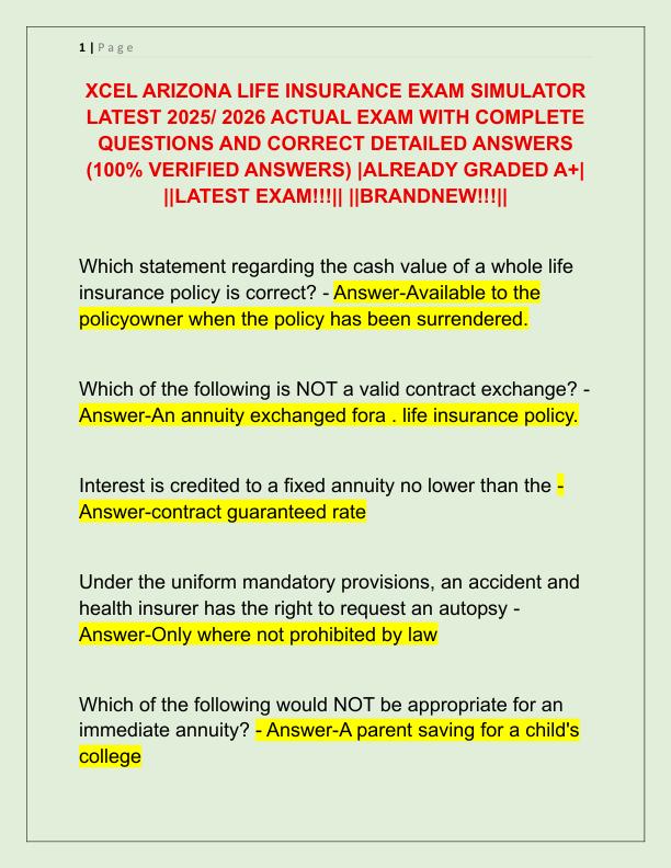 XCEL ARIZONA LIFE INSURANCE EXAM SIMULATOR LATEST 2025