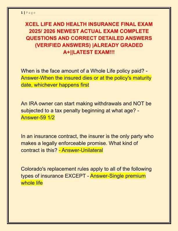 XCEL LIFE AND HEALTH INSURANCE FINAL EXAM 2025