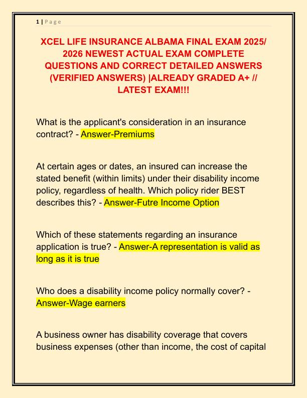 XCEL LIFE INSURANCE ALBAMA FINAL EXAM 2025