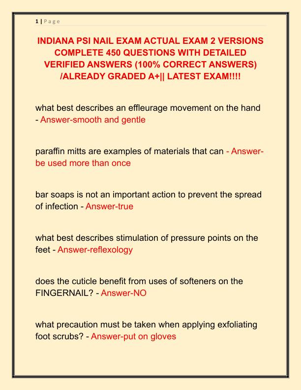 INDIANA PSI NAIL EXAM ACTUAL EXAM 2 VERSIONS COMPLETE 450 QUESTIONS WITH DETAILED VERIFIED ANSWERS