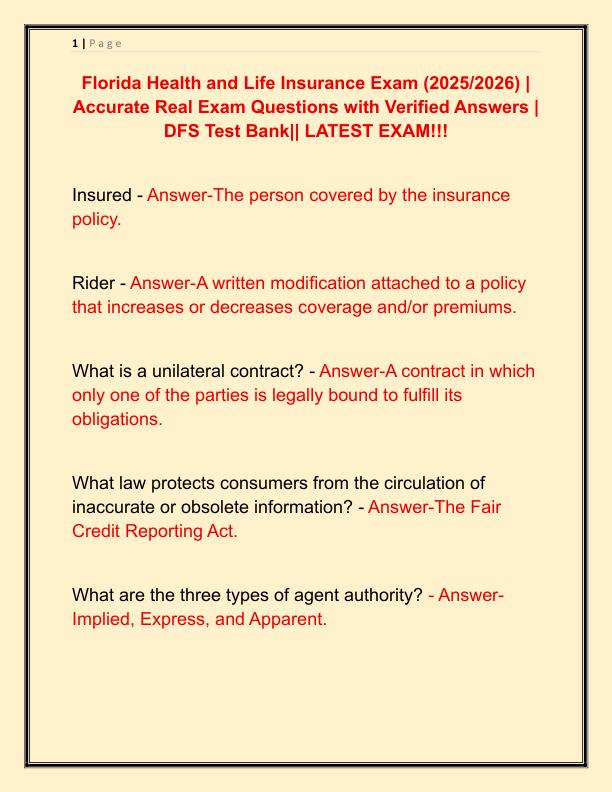 Florida Health and Life Insurance Exam