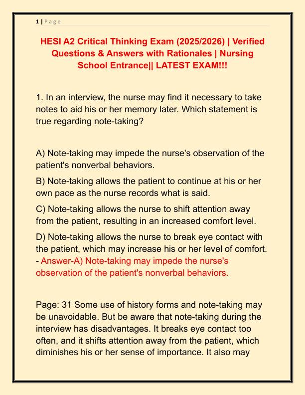 HESI A2 Critical Thinking Exam