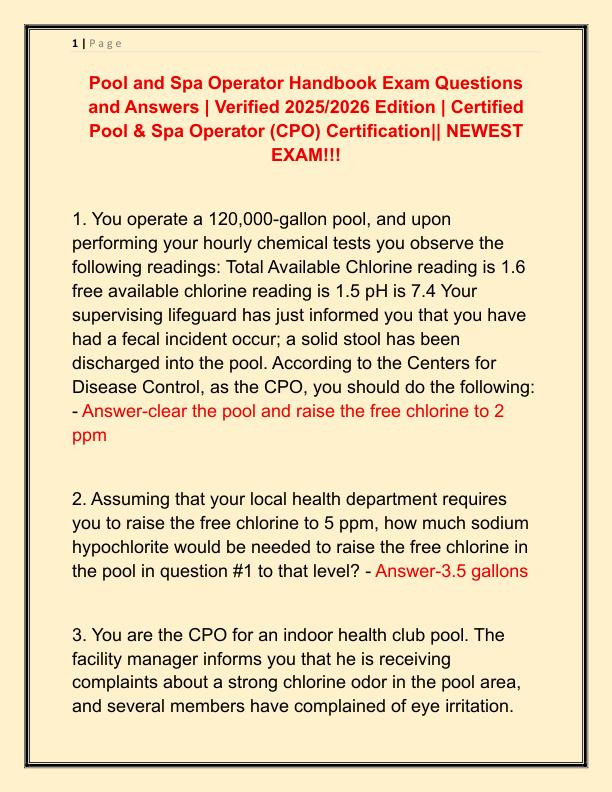 Pool and Spa Operator Handbook Exam Questions and Answers