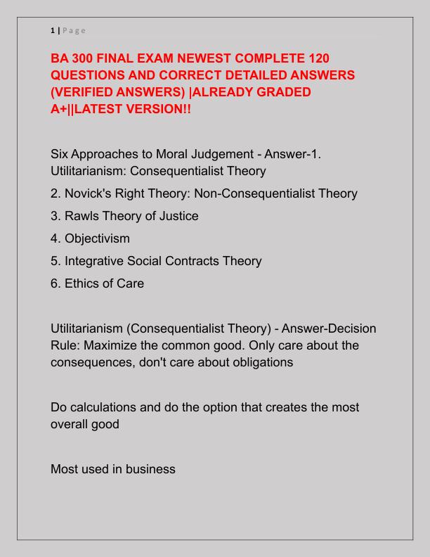 BA 300 FINAL EXAM NEWEST COMPLETE 120 QUESTIONS AND CORRECT DETAILED ANSWERS