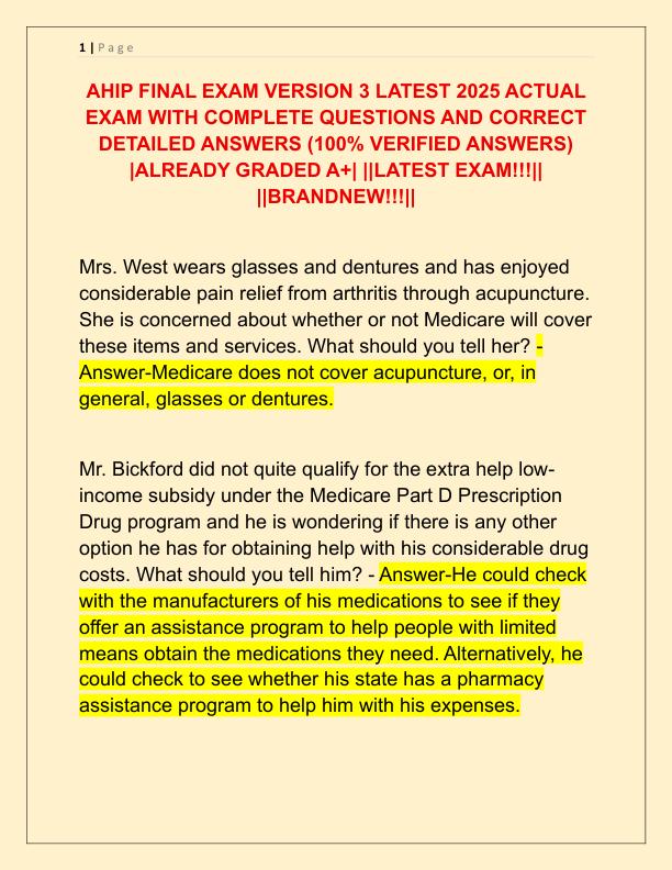 AHIP FINAL EXAM VERSION 3 LATEST 2025 ACTUAL EXAM WITH COMPLETE QUESTIONS AND CORRECT DETAILED ANSWERS